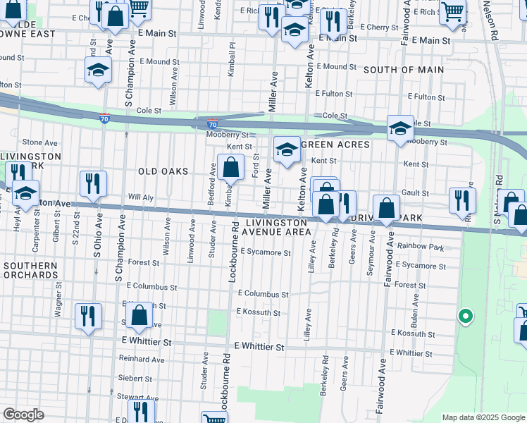 map of restaurants, bars, coffee shops, grocery stores, and more near in Columbus