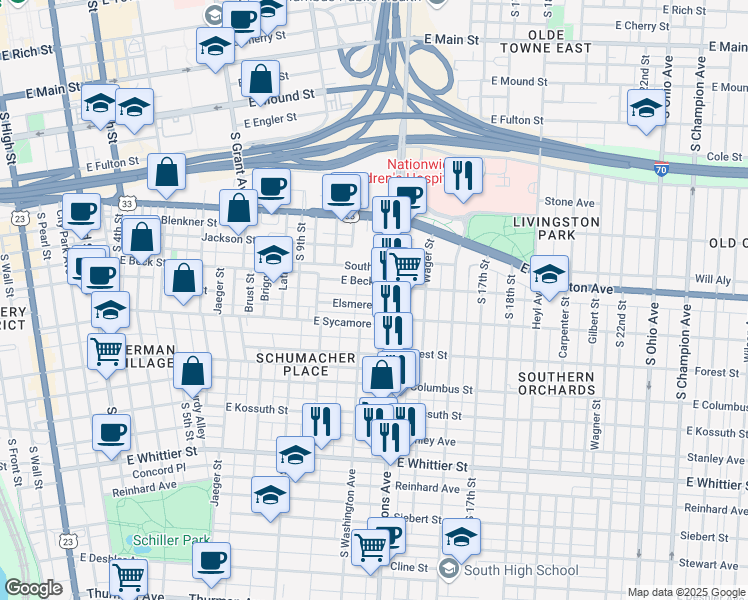 map of restaurants, bars, coffee shops, grocery stores, and more near 50 May Alley in Columbus