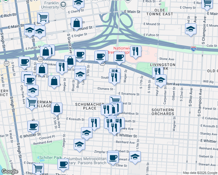 map of restaurants, bars, coffee shops, grocery stores, and more near 50 May Alley in Columbus