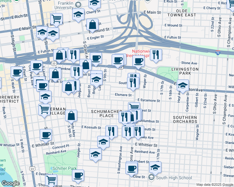 map of restaurants, bars, coffee shops, grocery stores, and more near 500 Elsmere Street in Columbus