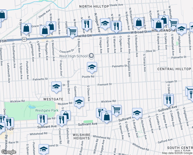 map of restaurants, bars, coffee shops, grocery stores, and more near 256 South Powell Avenue in Columbus