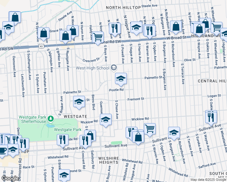 map of restaurants, bars, coffee shops, grocery stores, and more near 256 South Chase Avenue in Columbus