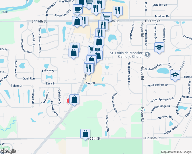 map of restaurants, bars, coffee shops, grocery stores, and more near 10989 Allisonville Road in Fishers