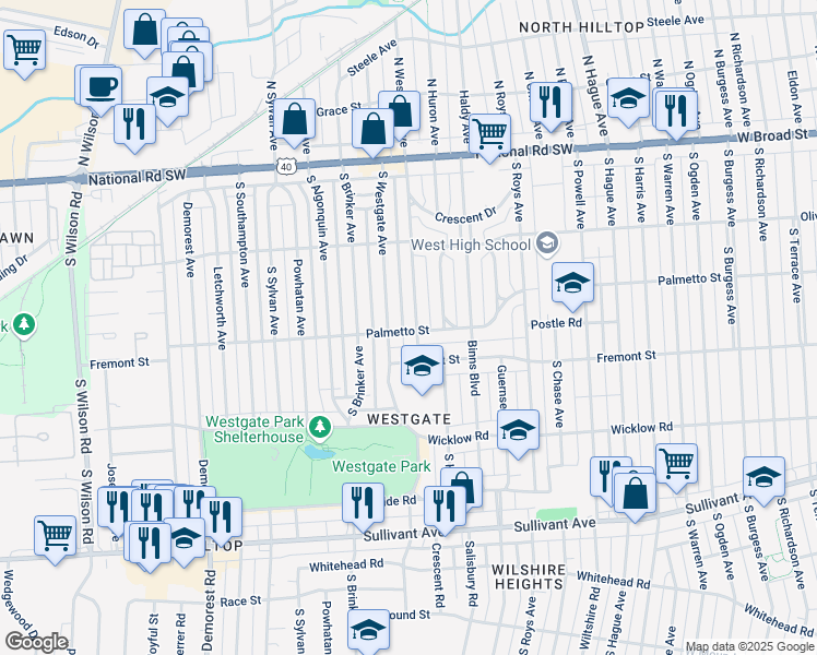 map of restaurants, bars, coffee shops, grocery stores, and more near 239 South Westmoor Avenue in Columbus