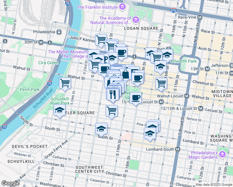 map of restaurants, bars, coffee shops, grocery stores, and more near 233 South 20th Street in Philadelphia