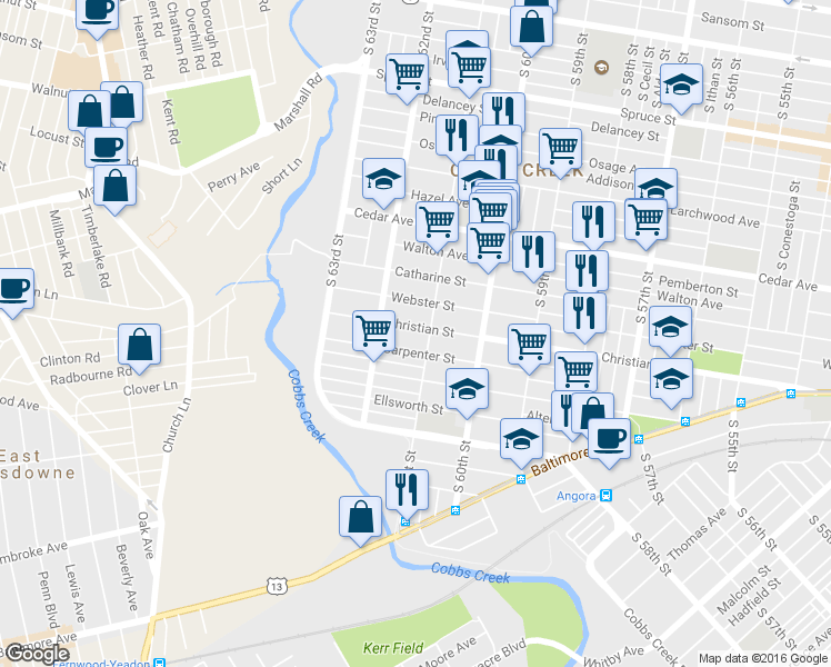 map of restaurants, bars, coffee shops, grocery stores, and more near 6112 Christian Street in Philadelphia