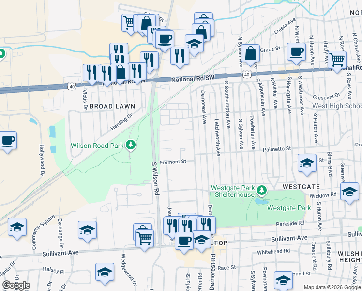map of restaurants, bars, coffee shops, grocery stores, and more near 3472 Stalling Court in Columbus