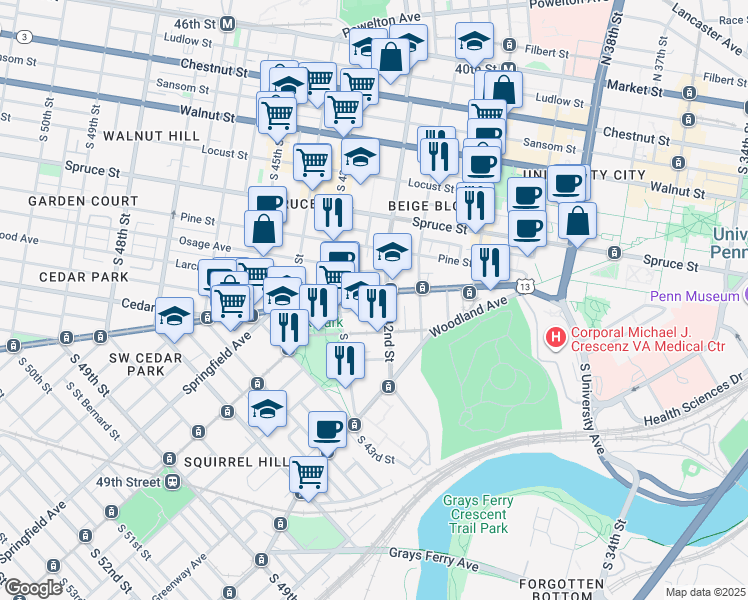 map of restaurants, bars, coffee shops, grocery stores, and more near 505 South 42nd Street in Philadelphia