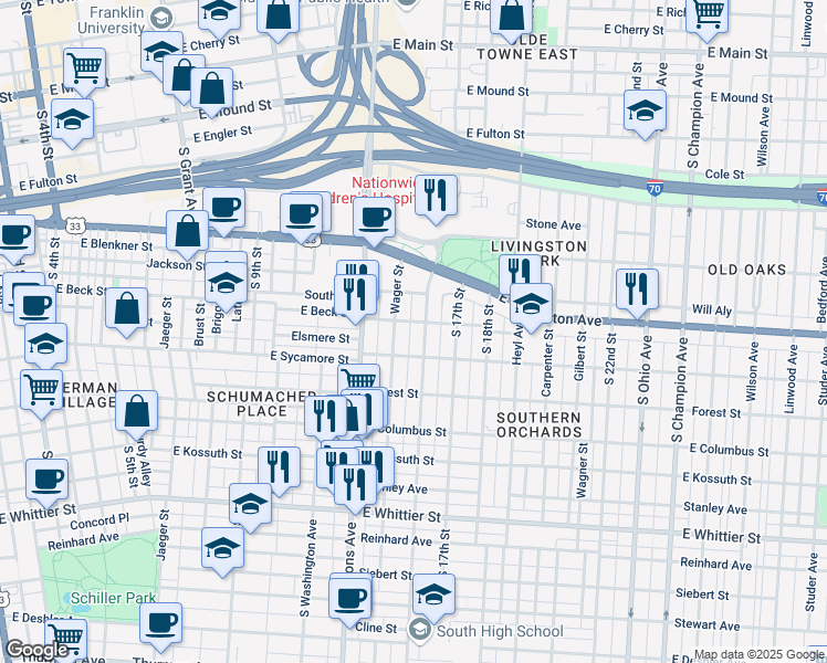 map of restaurants, bars, coffee shops, grocery stores, and more near 718 Ann Street in Columbus