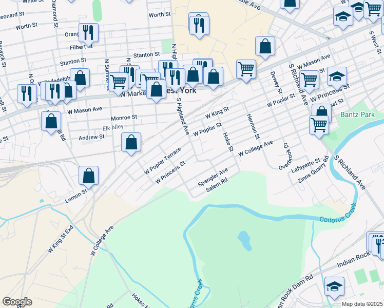 map of restaurants, bars, coffee shops, grocery stores, and more near 1401 Allenbrook Alley in West York