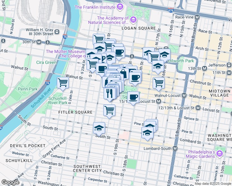 map of restaurants, bars, coffee shops, grocery stores, and more near 1949 Locust Street in Philadelphia