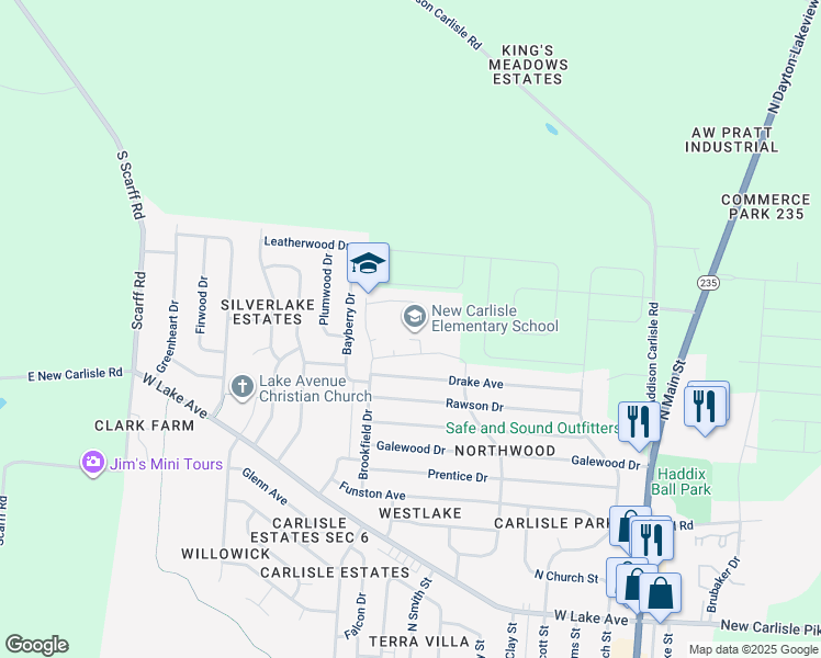 map of restaurants, bars, coffee shops, grocery stores, and more near 1203 Kennison Avenue in New Carlisle
