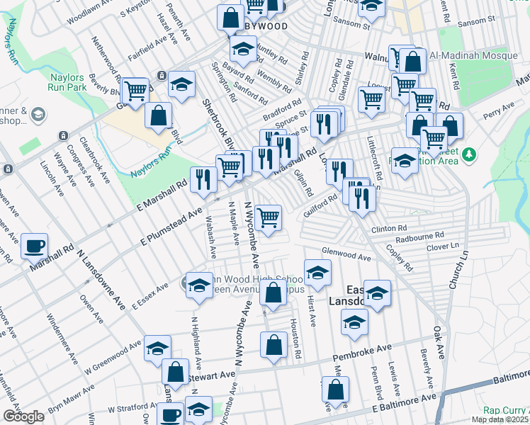 map of restaurants, bars, coffee shops, grocery stores, and more near 226 Guilford Road in Lansdowne