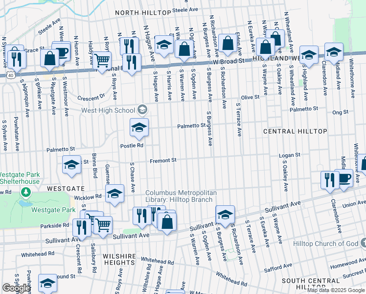 map of restaurants, bars, coffee shops, grocery stores, and more near 265 South Warren Avenue in Columbus