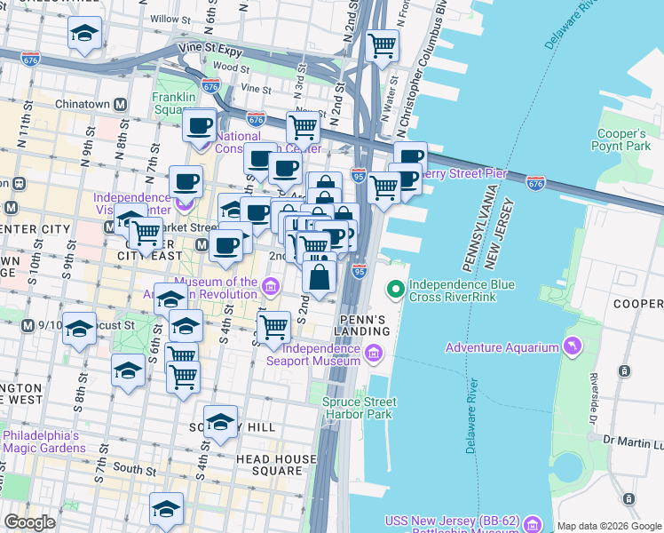 map of restaurants, bars, coffee shops, grocery stores, and more near 4 South Front Street in Philadelphia