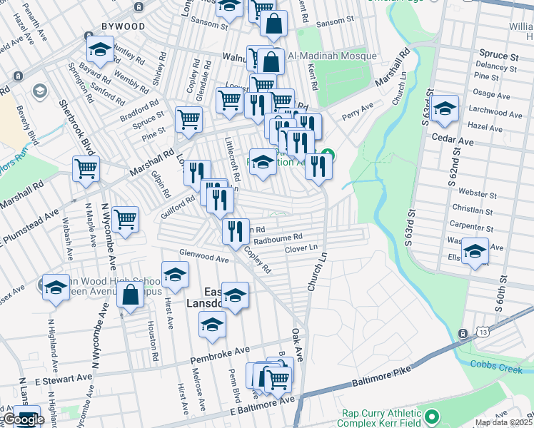 map of restaurants, bars, coffee shops, grocery stores, and more near 608 Millbank Road in Delaware County