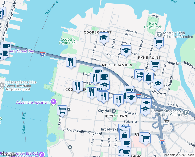 map of restaurants, bars, coffee shops, grocery stores, and more near 317 North 2nd Street in Camden