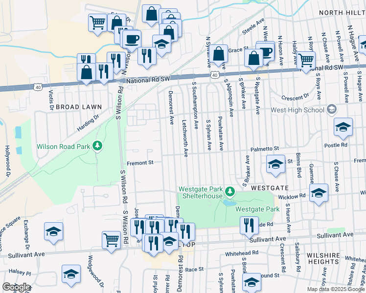 map of restaurants, bars, coffee shops, grocery stores, and more near 221 Letchworth Avenue in Columbus