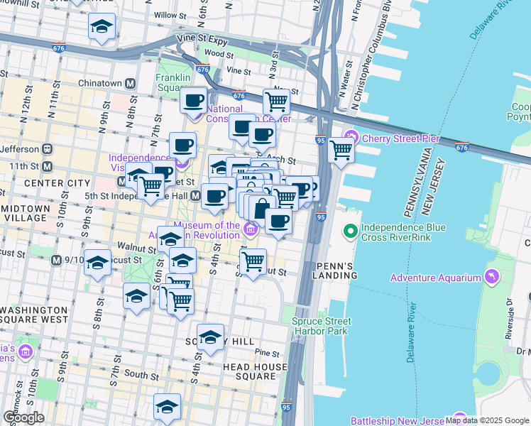map of restaurants, bars, coffee shops, grocery stores, and more near 13 Bank Street in Philadelphia