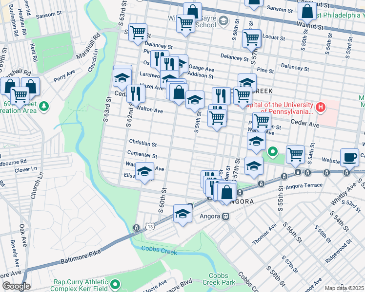 map of restaurants, bars, coffee shops, grocery stores, and more near 5933 Christian Street in Philadelphia
