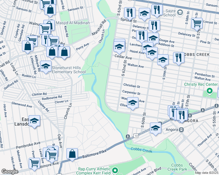 map of restaurants, bars, coffee shops, grocery stores, and more near 6237 Carpenter Street in Philadelphia