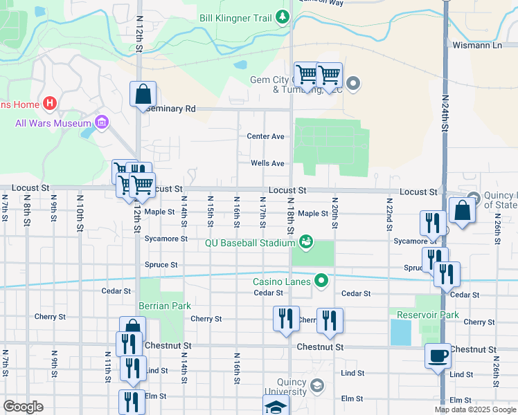 map of restaurants, bars, coffee shops, grocery stores, and more near 1503 North 17th Street in Quincy