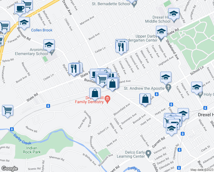 map of restaurants, bars, coffee shops, grocery stores, and more near 4216 Woodland Avenue in Upper Darby