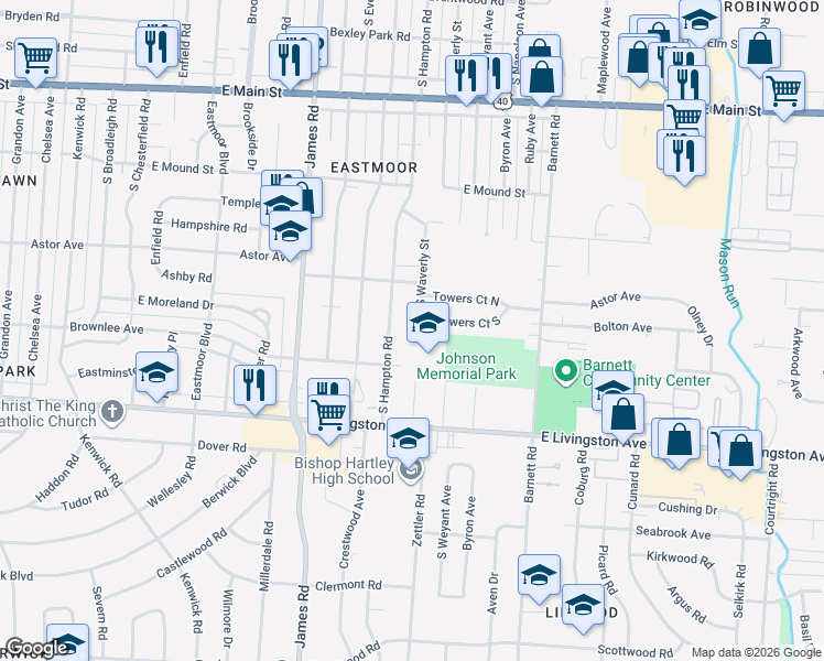 map of restaurants, bars, coffee shops, grocery stores, and more near 1073 South Waverly Street in Columbus