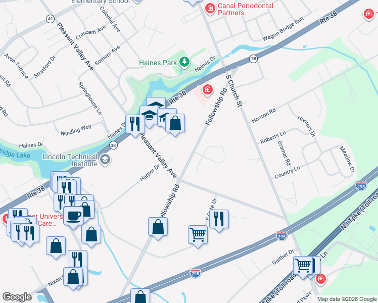 map of restaurants, bars, coffee shops, grocery stores, and more near 263 Fellowship Road in Moorestown