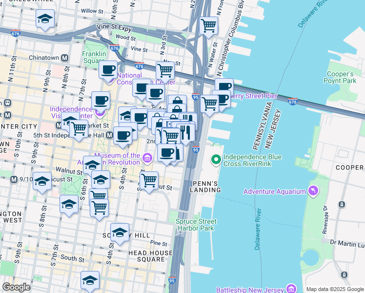 map of restaurants, bars, coffee shops, grocery stores, and more near 108 Market Street in Philadelphia
