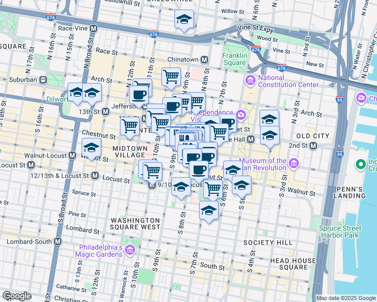 map of restaurants, bars, coffee shops, grocery stores, and more near 834 Chestnut Street in Philadelphia