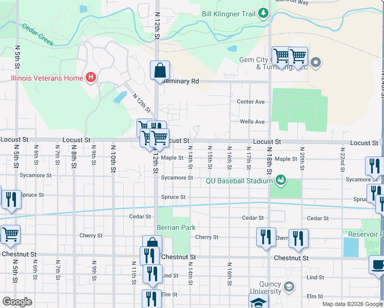 map of restaurants, bars, coffee shops, grocery stores, and more near 1500 North 14th Street in Quincy