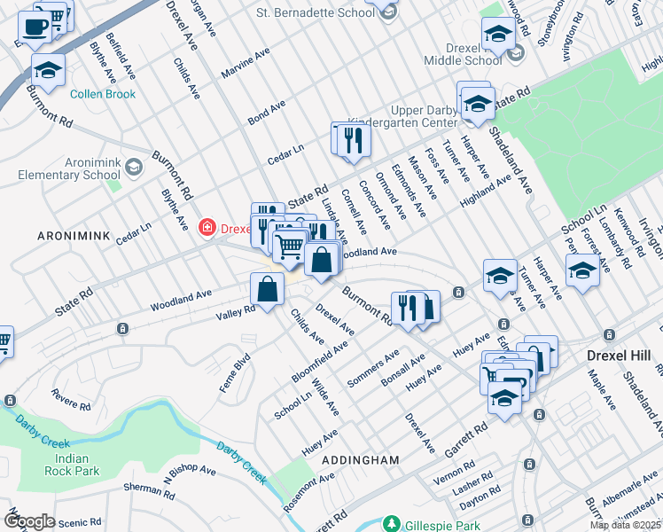 map of restaurants, bars, coffee shops, grocery stores, and more near 607 Morgan Avenue in Drexel Hill