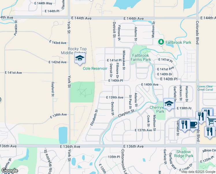 map of restaurants, bars, coffee shops, grocery stores, and more near 2748 East 140th Avenue in Thornton