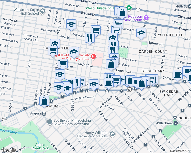 map of restaurants, bars, coffee shops, grocery stores, and more near 5311 Catharine Street in Philadelphia