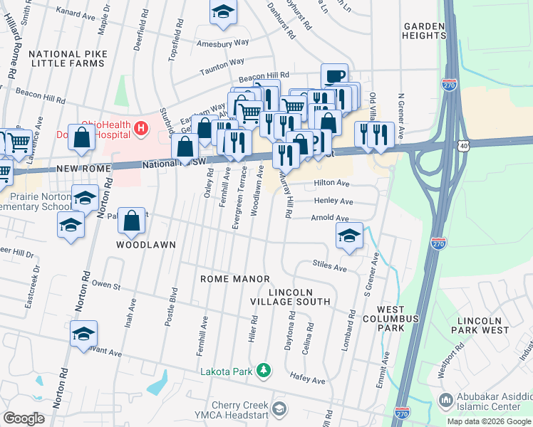 map of restaurants, bars, coffee shops, grocery stores, and more near 129 Redmond Road in Columbus