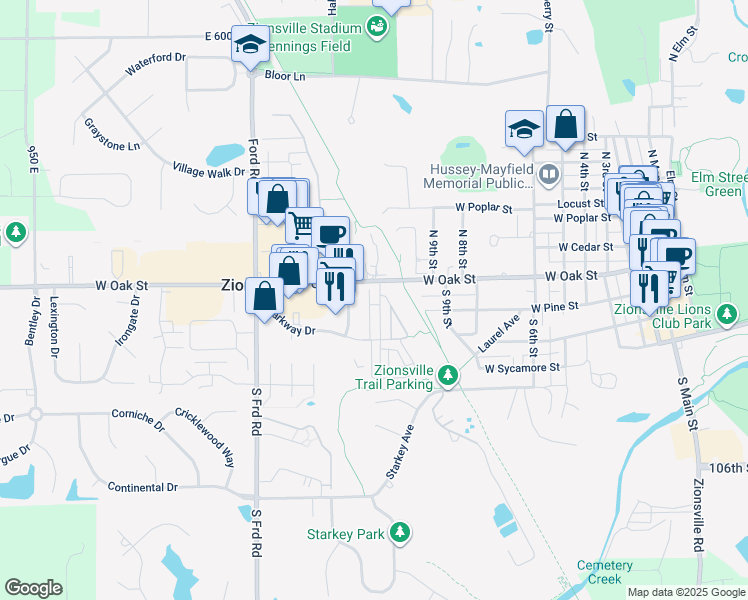 map of restaurants, bars, coffee shops, grocery stores, and more near 110 Manchester Drive in Zionsville