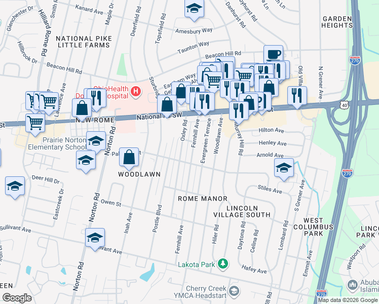 map of restaurants, bars, coffee shops, grocery stores, and more near 121 Fernhill Avenue in Columbus