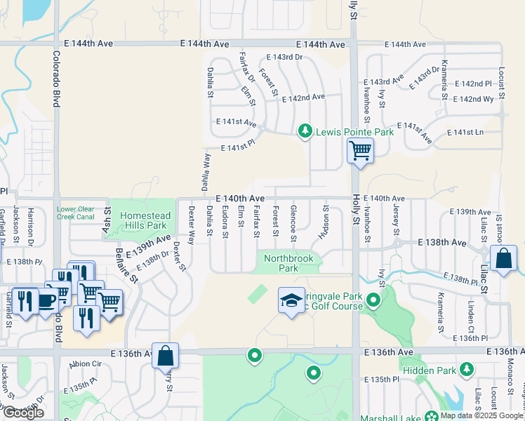 map of restaurants, bars, coffee shops, grocery stores, and more near 13964 Fairfax Street in Thornton
