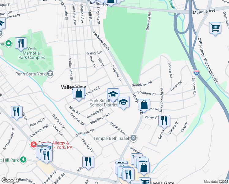 map of restaurants, bars, coffee shops, grocery stores, and more near 1426 Hill Street in York