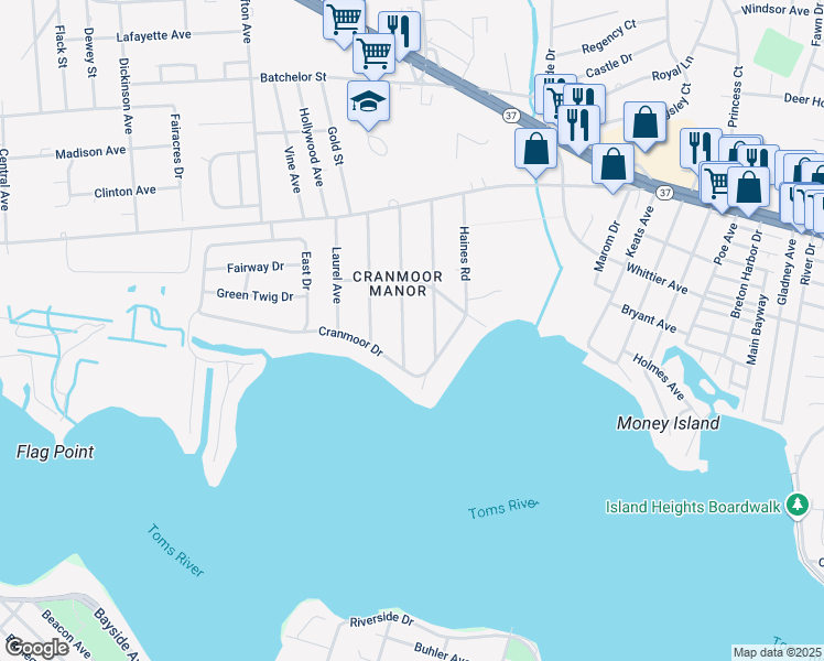 map of restaurants, bars, coffee shops, grocery stores, and more near 15 Maple Street in Toms River