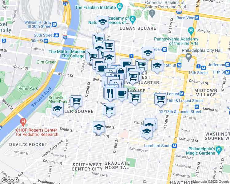 map of restaurants, bars, coffee shops, grocery stores, and more near 1953 Locust Street in Philadelphia