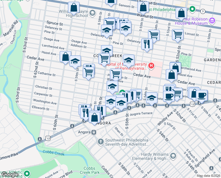 map of restaurants, bars, coffee shops, grocery stores, and more near 720 South Ithan Street in Philadelphia