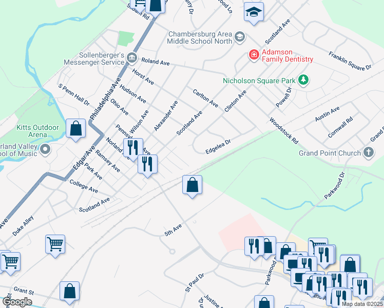 map of restaurants, bars, coffee shops, grocery stores, and more near 32 Edgelea Drive in Chambersburg
