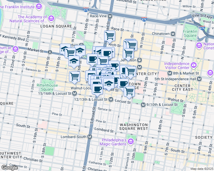 map of restaurants, bars, coffee shops, grocery stores, and more near 130 South Juniper Street in Philadelphia