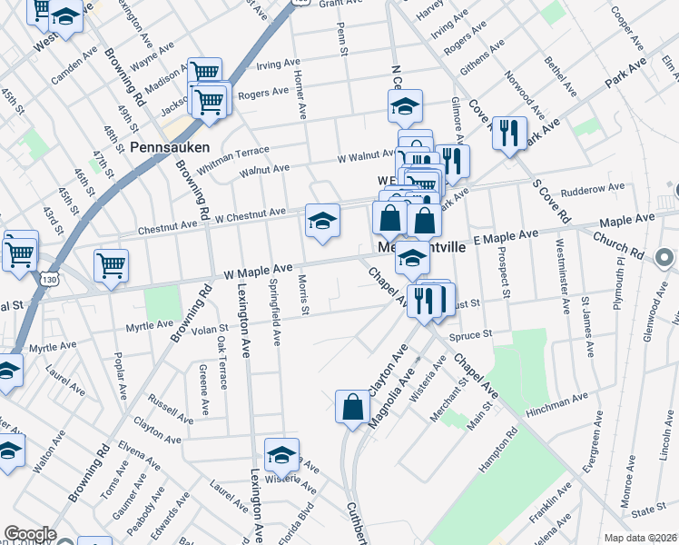 map of restaurants, bars, coffee shops, grocery stores, and more near 42 West Maple Avenue in Merchantville