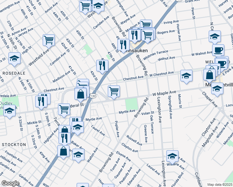 map of restaurants, bars, coffee shops, grocery stores, and more near 20 Euclid Avenue in Merchantville