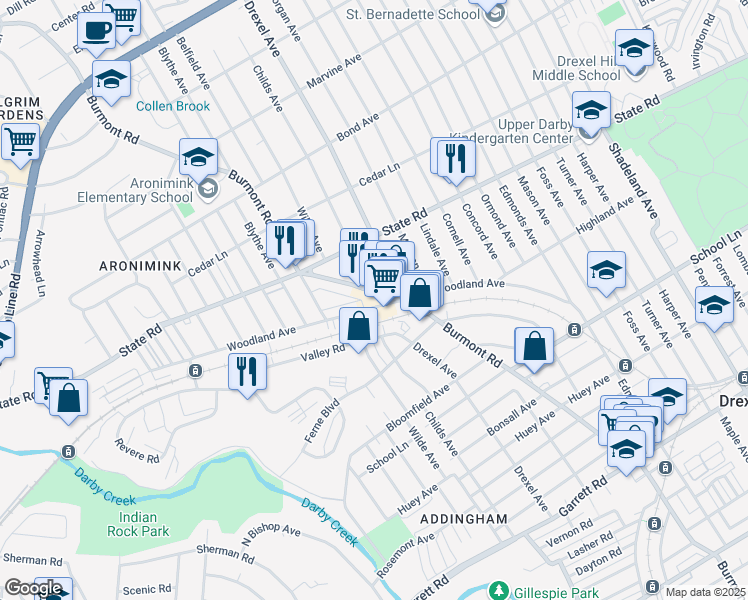 map of restaurants, bars, coffee shops, grocery stores, and more near 4333 Woodland Avenue in Drexel Hill