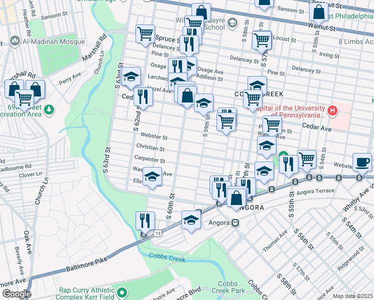 map of restaurants, bars, coffee shops, grocery stores, and more near 755 South 60th Street in Philadelphia
