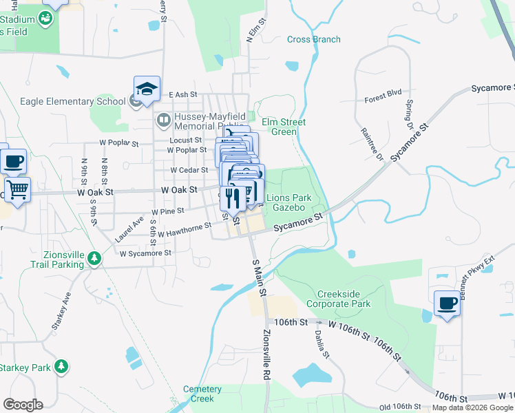map of restaurants, bars, coffee shops, grocery stores, and more near 240 South Elm Street in Zionsville